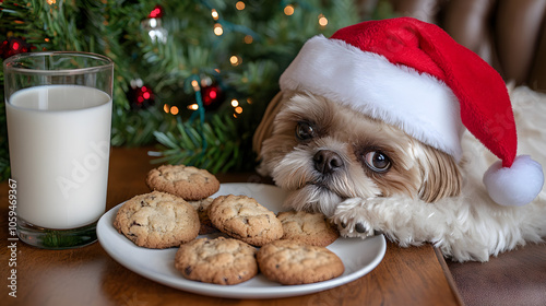 Hund mit Weihnachtsmütze neben Keksen und Milch am Weihnachtsbaum photo