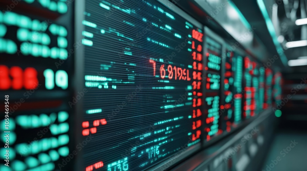 Holographic stock exchange board, digital trading floor, futuristic technology