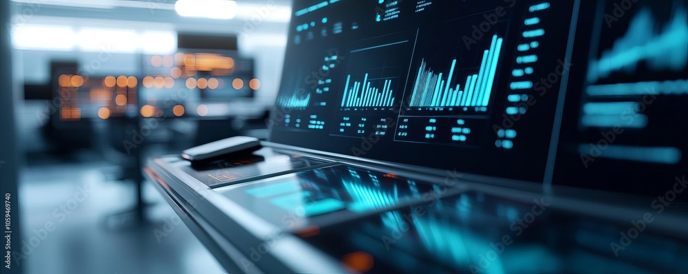 Strategic investment dashboard, floating holographic graphs, high-tech office Strategic investment dashboard, floating holographic graphs, high-tech office