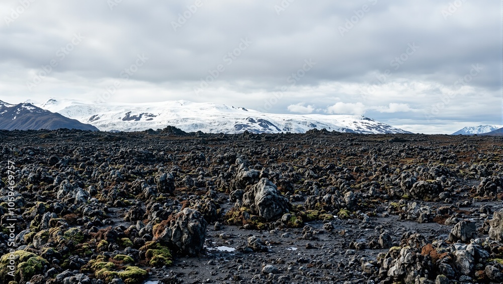 Majestic Icelandic scenery with volcanic rocks moss and a glacier under a dramatic sky Majestic Icelandic scenery with volcanic rocks moss and a glacier under a dramatic sky