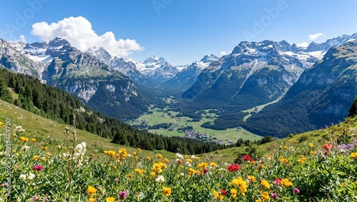 Scenic Swiss Alps with snow capped peaks lush valleys villages and vibrant alpine flowers