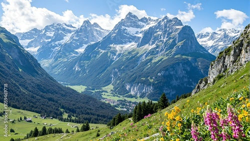 Scenic Swiss Alps with snow capped peaks lush valleys villages and vibrant alpine flowers