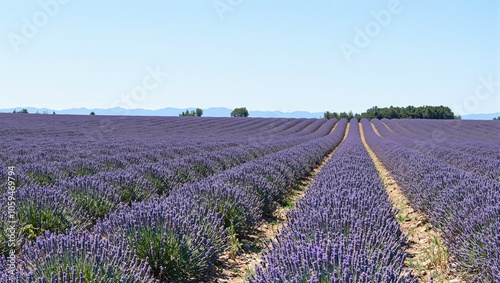 Vibrant lavender fields in Provence under blue sky