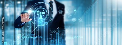 Foto Telecommunications: Businessman touch telecommunications analyzing graph connectivity, network optimization, data transmission, signal strength, infrastructure, innovation, global reach