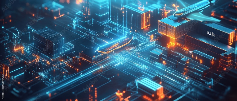 Abstract futuristic illustration of a city with glowing blue and orange lights. Abstract futuristic illustration of a city with glowing blue and orange lights.