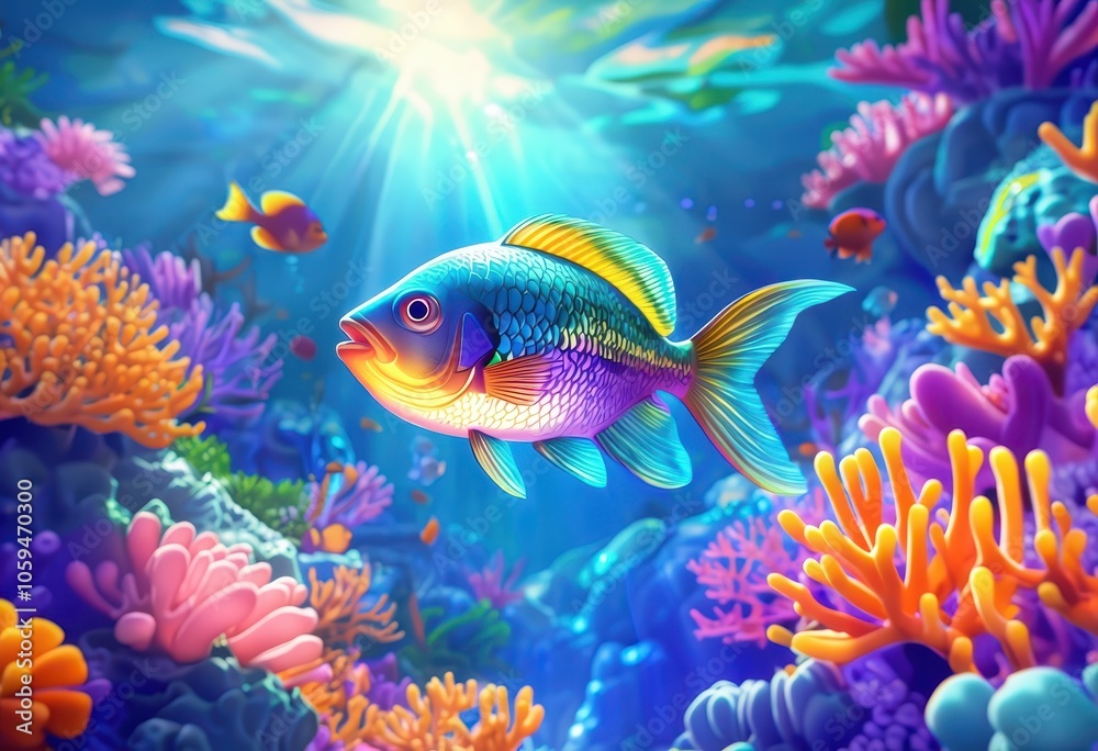 Fototapeta premium A vibrant underwater scene featuring a colorful fish among coral reefs and sunlight.