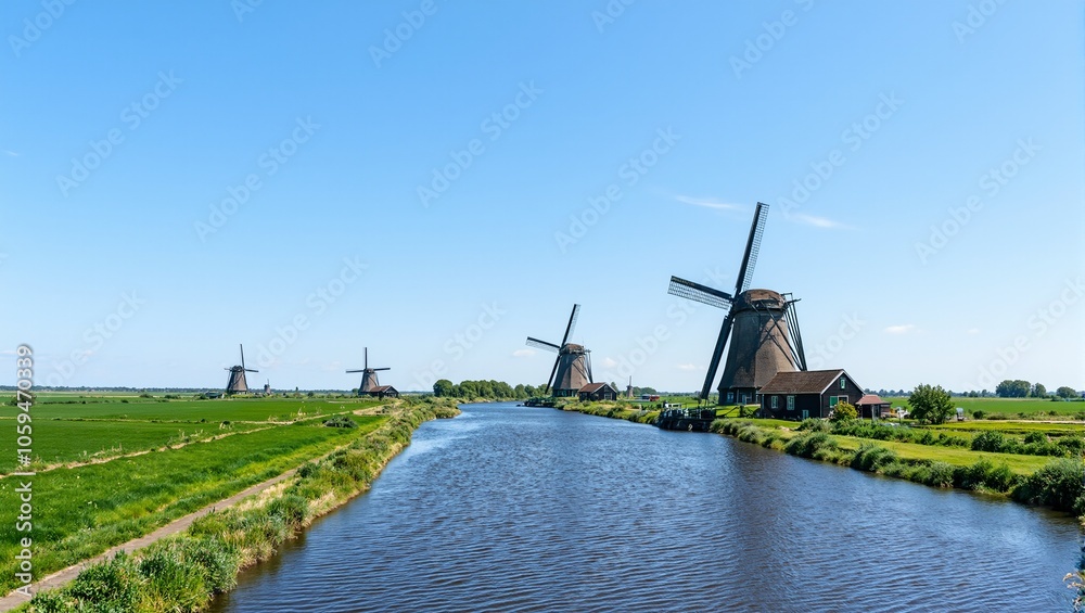 Fototapeta premium Idyllic Dutch canal with windmills in lush fields under clear blue sky