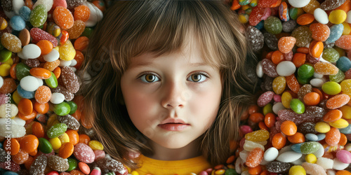 Portrait of a child surrounded by a pile of assorted candy. Children's overconsumption of sugar, allergic reaction, diabetes mellitus photo