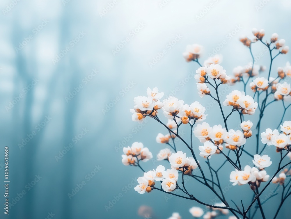 Delicate white flowers bloom amidst a serene, misty landscape, creating a tranquil atmosphere filled with soft blue hues. Delicate white flowers bloom amidst a serene, misty landscape, creating a tranquil atmosphere filled with soft blue hues.