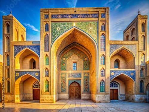 Vintage Style Photography of the Historic Poi Kalyan Mosque Entrance in Bukhara, Uzbekistan – Architectural Marvels, Timeless Beauty, Travel Destinations, Cultural Heritage