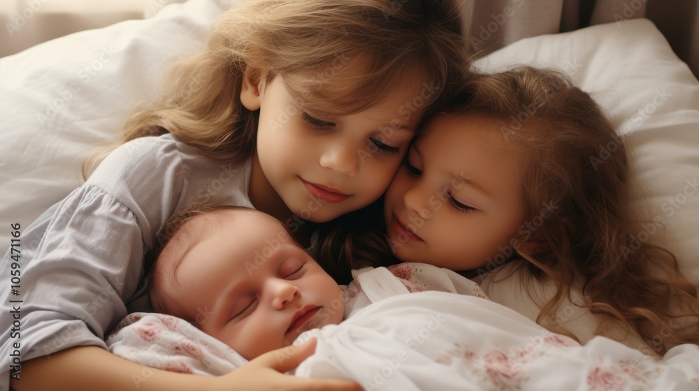 Heartwarming portrait of siblings cuddling a newborn, capturing a moment of pure love and familial bond on a soft, cozy setting. Heartwarming portrait of siblings cuddling a newborn, capturing a moment of pure love and familial bond on a soft, cozy setting.