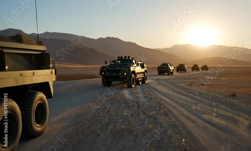 Military convoy traveling through a desert landscape at sunset.