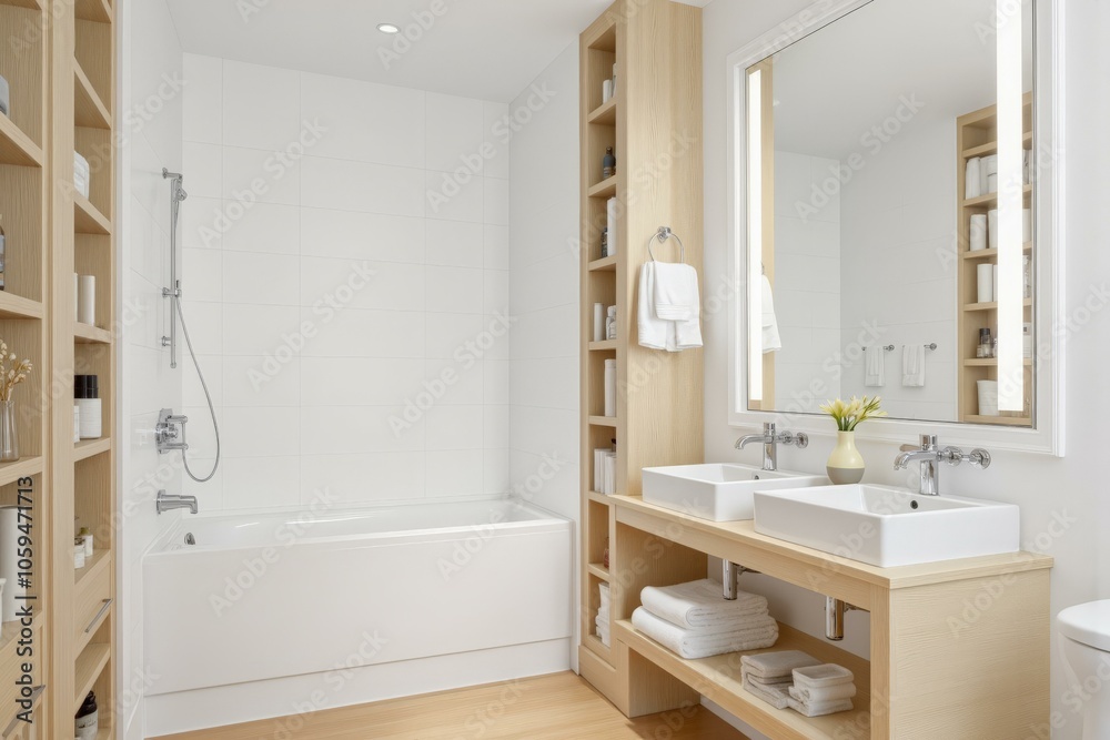Luxurious Minimalist Bathroom Embodies Elegance with Wooden Accents and Spaciousness Enriching Serene Feelings Luxurious Minimalist Bathroom Embodies Elegance with Wooden Accents and Spaciousness Enriching Serene Feelings