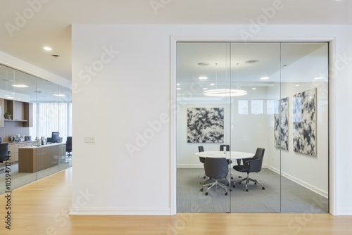 Modern Office Space Promoting Productivity and Collaboration in a Spacious, Well-Lit, and Artistic Conference Room.