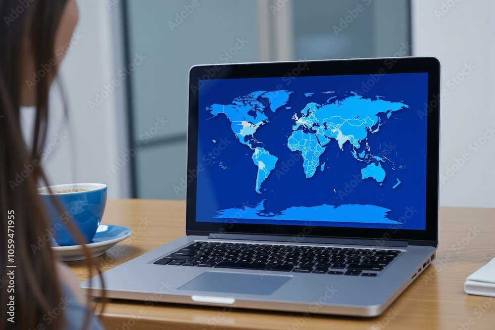 Person Sitting at Table with Laptop Displaying World Map, Enjoying Coffee