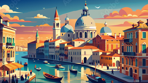 Venice, Italy. Daily boat and tourist hectic on Grand Canal and Basilica Santa Maria della Salute