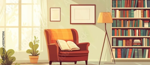 Cozy living room interior with a comfortable armchair, a bookshelf full of books, a lamp, a window, and a potted plant.