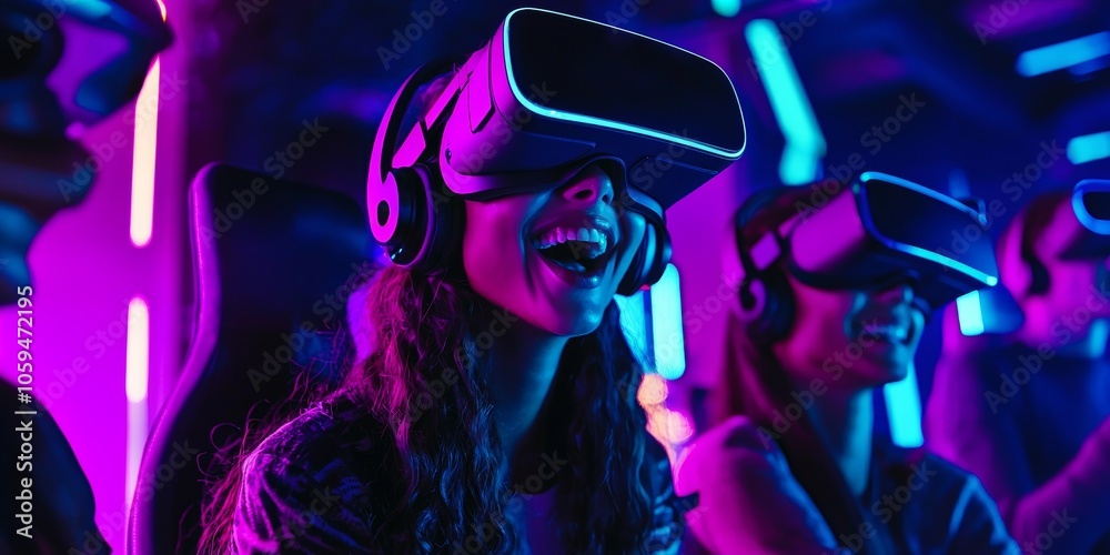 A group of excited young people using virtual reality headsets experiencing immersive virtual worlds symbolizing fun technology and innovation A group of excited young people using virtual reality headsets experiencing immersive virtual worlds symbolizing fun technology and innovation