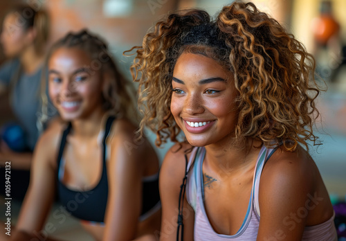 Joyful women at yoga class in a sunlit studio. Two women enjoy a moment of connection and relaxation during a vibrant yoga class in a sunny studio, radiating positivity and calm.