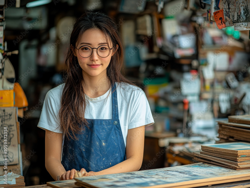 Fototapeta premium Young artist in a bustling studio during daytime. A young woman wearing an apron and glasses stands at her art workspace, surrounded by materials and creative tools
