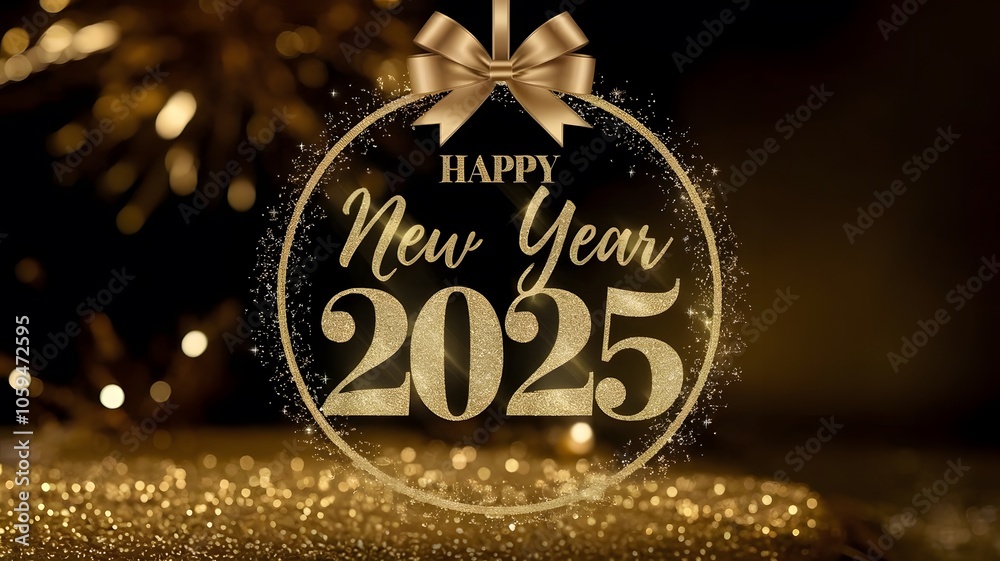 © Mahraz - Happy New Year 2025 Gold Lettering with ribbon. © Mahraz - Happy New Year 2025 Gold Lettering with ribbon.