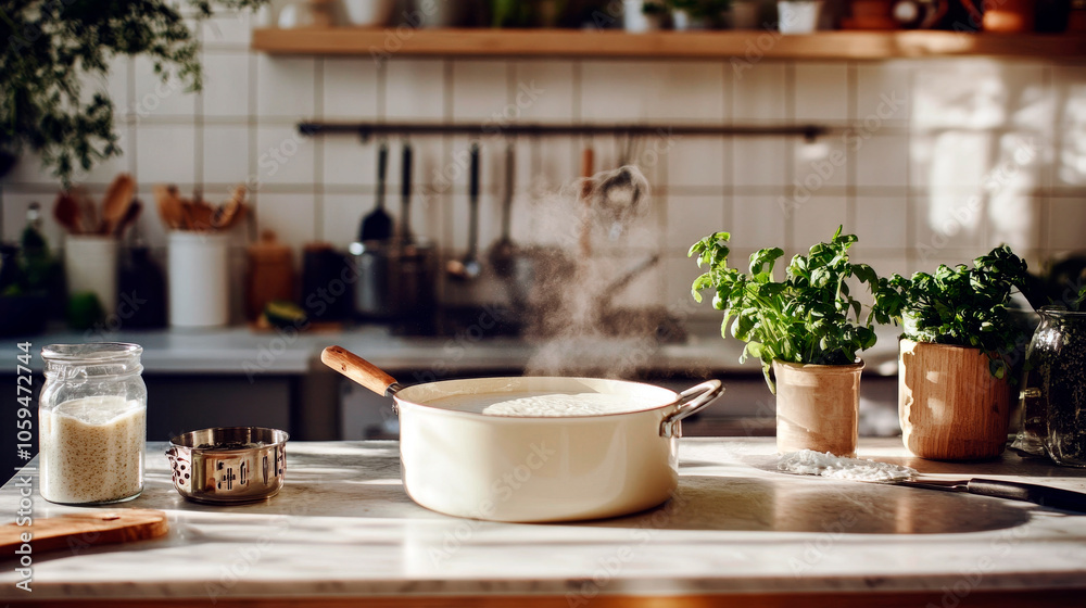 Kitchen Counter with Milk Pouring for Cheese-Making Preparation Kitchen Counter with Milk Pouring for Cheese-Making Preparation