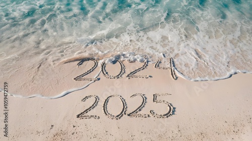 Message Year 2024 replaced by 2025 written on beach.