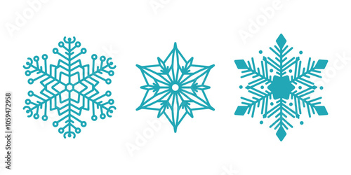 Beautiful snowflakes set, detailed hand drawn flat vector line illustration. Graphic outline drawing. Christmas and New Year symbol. Unique snowflake silhouette icon for frosty winter designs.