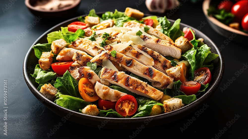 Fresh Caesar salad with grilled chicken strips, crisp romaine lettuce, cherry tomatoes, croutons, and shaved Parmesan cheese in a dark bowl. Fresh Caesar salad with grilled chicken strips, crisp romaine lettuce, cherry tomatoes, croutons, and shaved Parmesan cheese in a dark bowl.