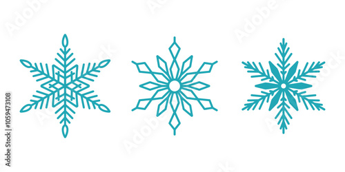 Beautiful snowflakes set, detailed hand drawn flat vector line illustration. Graphic outline drawing. Christmas and New Year symbol. Unique snowflake silhouette icon for frosty winter designs.