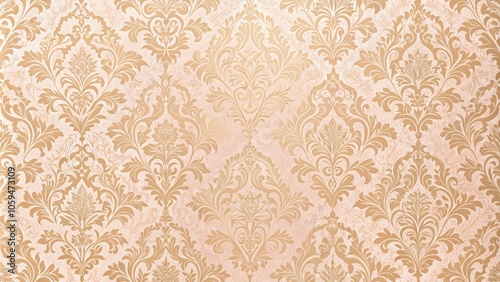 Soft peachy pink damask patterned wallpaper with intricate gold trim and subtle texture, classic design, wall art, pink wallpaper, decorative accents