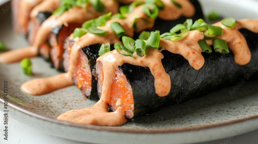 tuna roll wrapped in seaweed, topped with spicy mayo and green onions, placed on a minimalist plate tuna roll wrapped in seaweed, topped with spicy mayo and green onions, placed on a minimalist plate