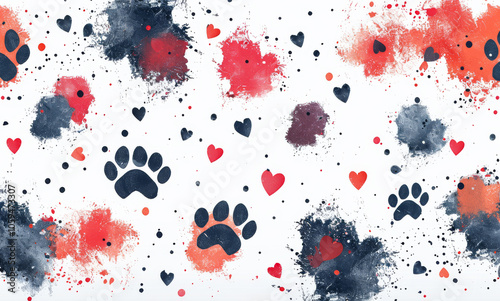 Paw prints and hearts on white. A playful design featuring paw prints and hearts in vibrant colors against a white backdrop, perfect for pet lovers and craft projects.