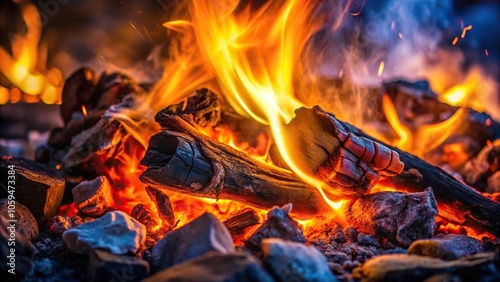 Softly glowing embers in a stone hearth crackle and spew wisps of smoke into the chilly evening air, glow, warm photo