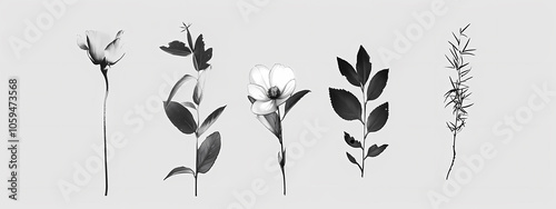 A stunning monochrome composition of various flowers and leaves showcasing intricate details and elegant forms.