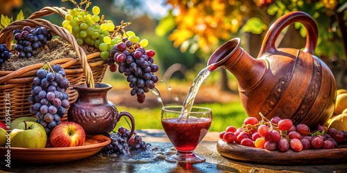 Wedding at Cana Illustration: Jesus Turning Water into Wine, Macro Photography of Grapes, Wine Jugs, and Ceremony Atmosphere, Evocative Religious Imagery, Vibrant Colors, Spiritual Celebration