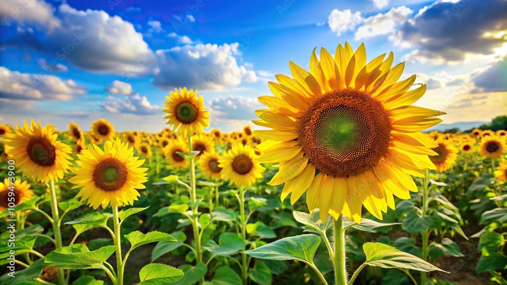 Sunflower field with bright yellow flowers and green stems stretching towards the sky, sunshine, fields, yellow flowers, sunny day, sunflowers Sunflower field with bright yellow flowers and green stems stretching towards the sky, sunshine, fields, yellow flowers, sunny day, sunflowers