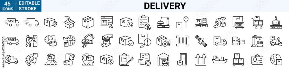 set of 45 line web icons related delivery and logistics. Supply chain, value chain, manufacturing, commerce . Editable stroke. set of 45 line web icons related delivery and logistics. Supply chain, value chain, manufacturing, commerce . Editable stroke.