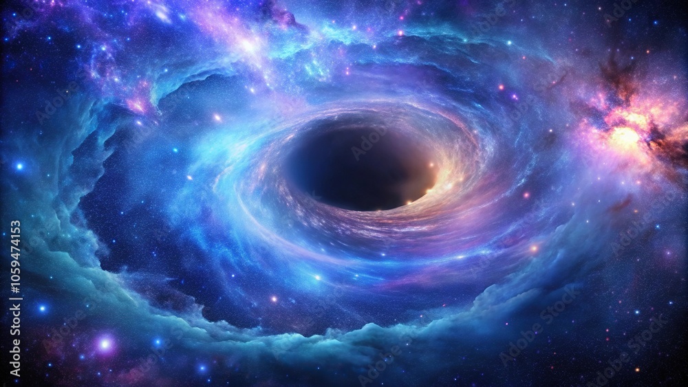 Swirling clouds of purple and blue gas in a galaxy background with stars and a central black hole, astronomy, galaxy wallpaper