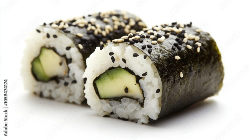 Sushi roll with tuna and avocado, wrapped in rice and seaweed, sprinkled with black sesame seeds Sushi roll with tuna and avocado, wrapped in rice and seaweed, sprinkled with black sesame seeds