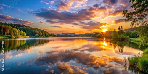 Sunset over a serene lake with trees and hills in the background, serene lake scene, water, natural colors