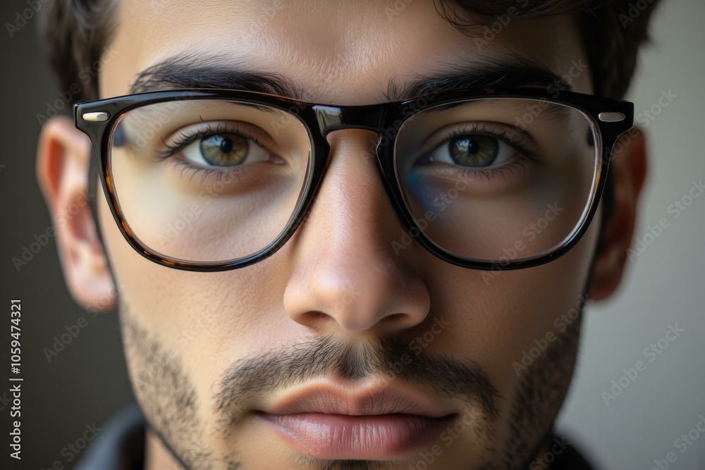Close-Up Portrait of a Thoughtful Young Man Wearing Stylish Black Glasses with a Focused Expression, Revealing Serenity and Intellectual Depth Close-Up Portrait of a Thoughtful Young Man Wearing Stylish Black Glasses with a Focused Expression, Revealing Serenity and Intellectual Depth