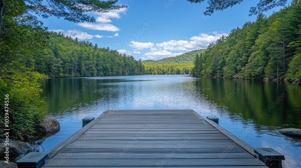 Dock or platform overlooking a deep-blue mountain lake surrounded by green forests, great for peaceful imagery.