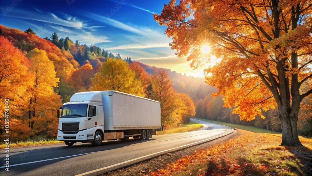 White Delivery Truck on Autumn Road with Vibrant Orange Leaves
