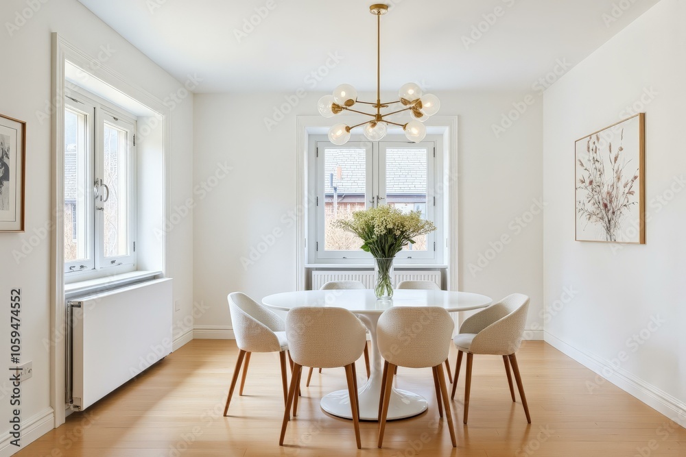 Modern Minimalist Dining Room Embodies Tranquility with Clean Lines, Elegant Lighting, and Natural Elements. Modern Minimalist Dining Room Embodies Tranquility with Clean Lines, Elegant Lighting, and Natural Elements.
