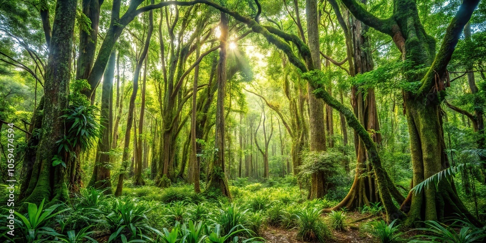 Fototapeta premium Towering trees and dense underbrush create a dense thicket that blocks out most of the sunlight, outdoor scenery, brambles
