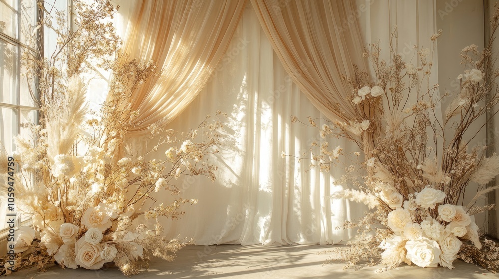 Elegant backdrop in neutral tones with linen drapes and floral sunlight shadows, evoking a refined, boho wedding feel. Elegant backdrop in neutral tones with linen drapes and floral sunlight shadows, evoking a refined, boho wedding feel.