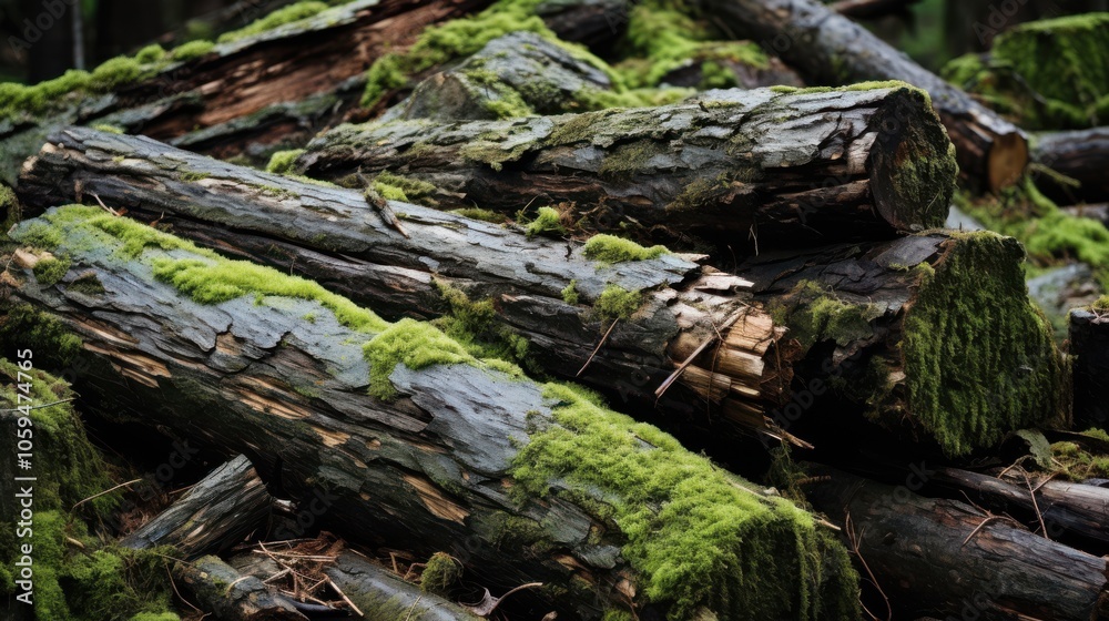A stack of dark, weathered logs covered in vibrant green moss sits in a tranquil forest, symbolizing peaceful resilience and nature’s cycle. A stack of dark, weathered logs covered in vibrant green moss sits in a tranquil forest, symbolizing peaceful resilience and nature’s cycle.