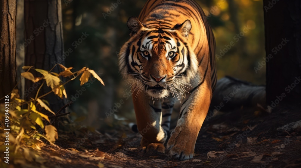 Fototapeta premium A majestic tiger strides confidently through the sun-dappled forest, its fierce gaze and vibrant coat highlighting its regal presence.