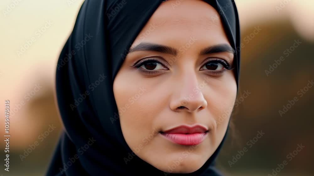 A young woman wearing a hijab contemplates with a serene expression as the sun sets in a beautiful outdoor environment. A young woman wearing a hijab contemplates with a serene expression as the sun sets in a beautiful outdoor environment.
